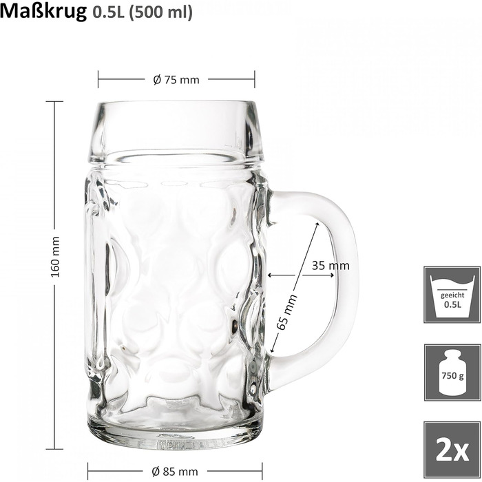 Набір скляних пивних кухлів Van Well з ручкою, 0,5 л, 2 шт. — мірні келихи для пива, придатні для посудомийки, для гастрономії