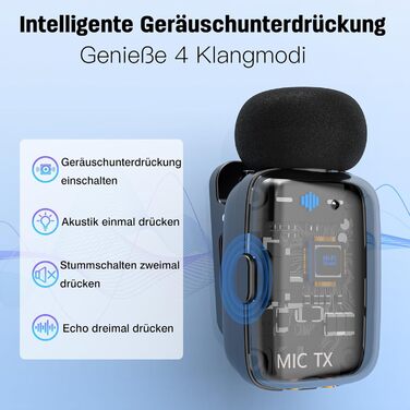 Мікрофон ZealSound M6 бездротовий для iPhone, Android, iPad: USB-C/Lightning, шумозаглушення, 33 години роботи, 100м, для Vlogging, TikTok, Podcast, YouTube, чорний/прозорий