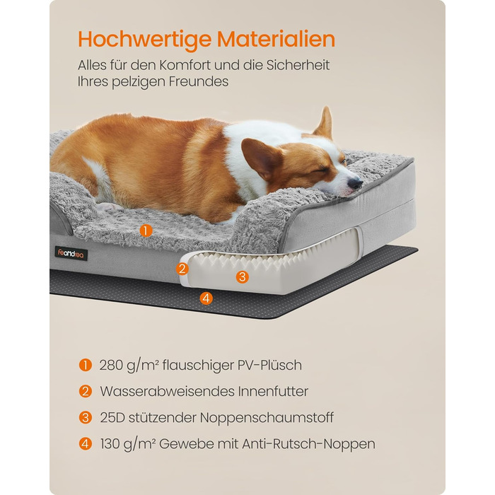 Ортопедичне ліжко для собак Feandrea, середнього розміру, водонепроникне, знімний плюшевий чохол, 91 x 68 x 16 см, Taubengrau PGW252G01 L