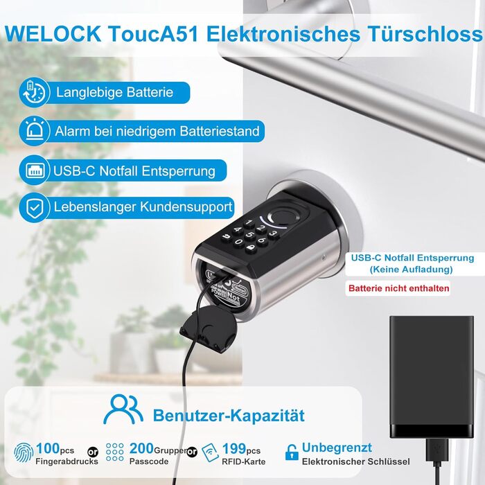 Електронний дверний замок WELOCK ToucA51 з відбитком пальця, кодом, RFID-карткою та мобільним додатком, для вхідних дверей, регульований циліндр 30-70 мм