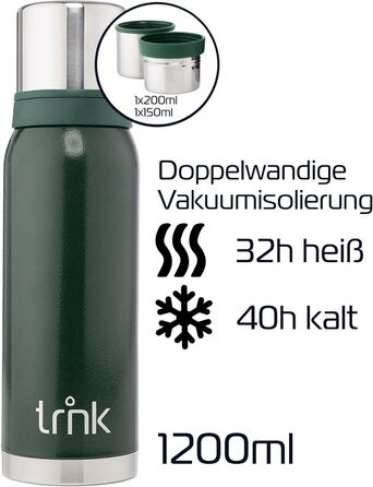 Термос Outdoor Arktis 2 - 1200 мл, нержавіюча сталь, BPA-free, 32 год, 2 стаканчики, для активного відпочинку, зелений