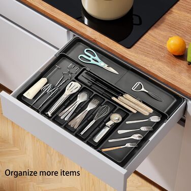 Органайзер для столових приборів в шухляду, розширюваний, чорний. Тримач для ложок, виделок, ножів. Регульований роздільник для кухонних ящиків
