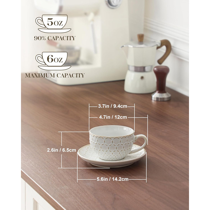 Набір кавових чашок MALACASA з блюдцем, 8 шт. (4 персони), кавовий сервіз з порцеляни, об'єм 180 мл, для кави, чаю, десертів, бежевий