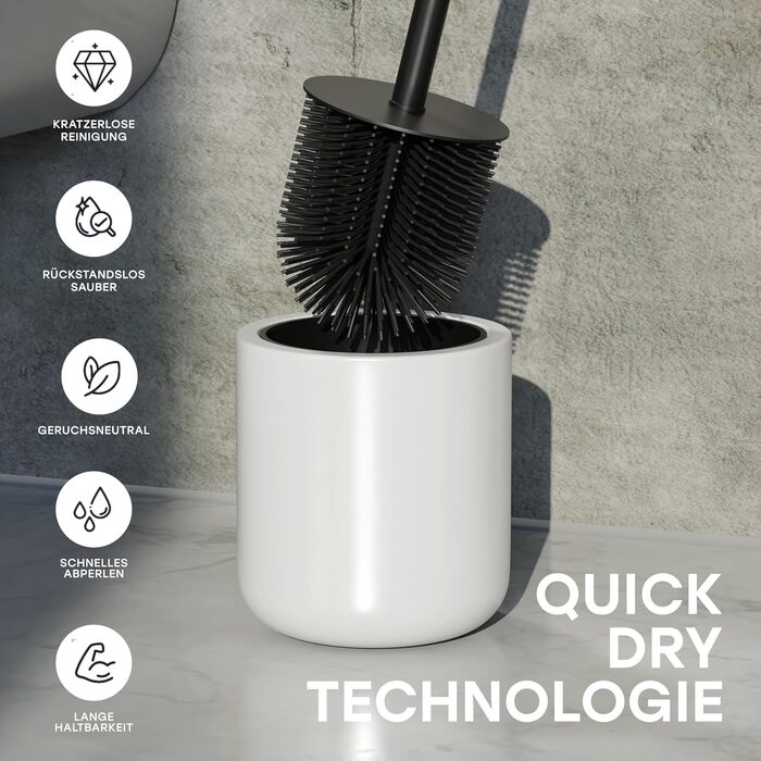 Набір для туалету SAVEGA: щітка для унітазу з нержавіючої сталі та силікону з антибактеріальною насадкою та тримачем (білий)