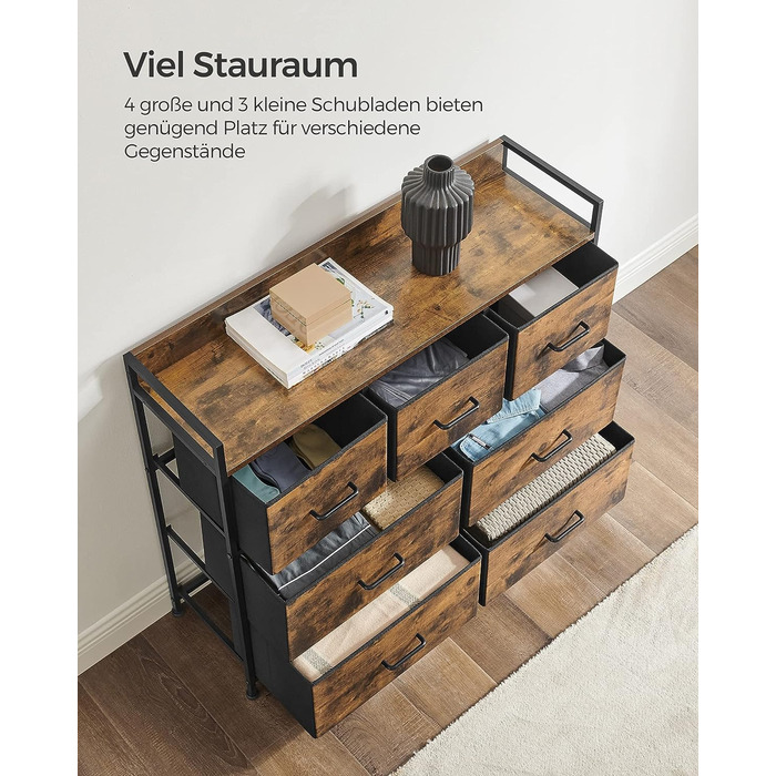 SONGMICS Chest of Drawers, Cabinet, 7 Fabric Drawers with Handles, Metal Frame, Industrial Design, Vintage Brown-Ink Black LTS137B01