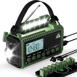 Радіоприймач Kurbelradio на 12000 mAh з ручним заводом, сонячною панеллю та SOS-сигналом. AM/FM/SW радіоприймач з USB-зарядкою, ліхтарик та світло для читання. Ідеально для кемпінгу, надзвичайних ситуацій та відключень електроенергії. Зелений колір.
