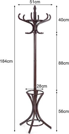 GIANTEX Coat Rack with Umbrella Stand, Clothes Rack Wood with 12 Clothes Hooks, Wooden Coat Tree Freestanding, Standing Coat Rack for Entryway Living Room (White) (Brown)