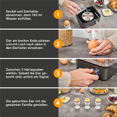 Яйцеварка First Austria TZS Grey - 8 яєць, 4 режими, функція приготування на пару, автовимкнення, захист від перегріву, мірна склянка та формочки для яєць