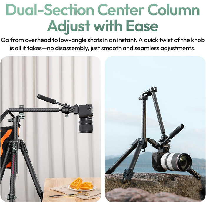 Штатив для камери ULANZI JJ05 GlideGo 184 см з карбону, складний, з поворотним центральним стовпом, легкий туристичний штатив з кульковою головкою 360° та швидкознімною платформою для DSLR, максимальне навантаження 18 кг (JJ06 Відеоштатив)