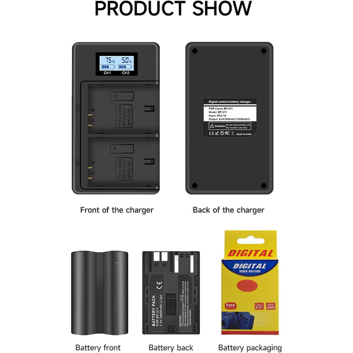 CITYORK 2 x Акумулятор BP-511 2650mAh + Подвійний USB Зарядний пристрій для Canon EOS 5D, 50D, 40D, 20D, 30D, 10D, Digital Rebel, D60, 300D, D30