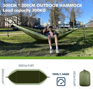 Гамак для відпочинку на природі та кемпінгу: двомісний, 300 x 200 см, ультралегкий, до 300 кг, нейлон, дихаючий, зелений