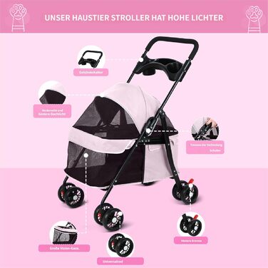 2в1 Візок для собак до 15 кг, буги для собак з тримачами для напоїв, переноска для собак, складаний, з гальмом, вагончик для собак, 48 x 68 x 95 см (Рожевий)