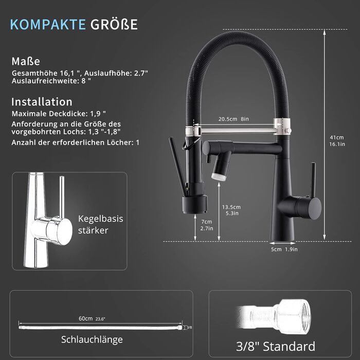 LED кухонний змішувач Schwarz з висувним душем, поворотний 360°, з високим тиском, чорний