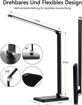 Стіл лампа LED, диммер, 5 кольорів, 10 рівнів яскравості, захист очей, нічник для дітей, офісна лампа, денне світло, USB-порт (чорний)