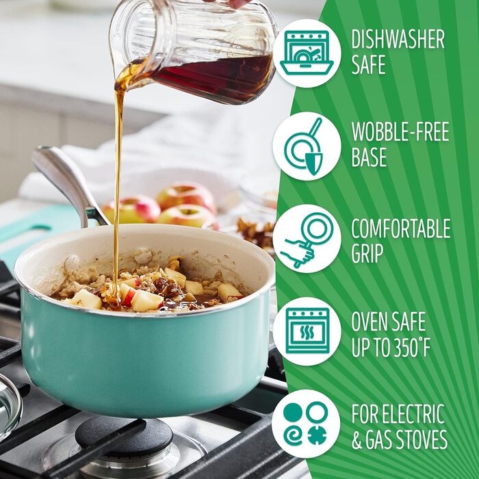 Набір сковорідок GreenLife Artisan, керамічне покриття, антипригарні, 20.3 та 25.4 см, нержавіюча сталь, без PFAS, придатні для миття в посудомийній машині, жаростійкі, набір каструль 1QT та 2QT, колір: бірюзовий