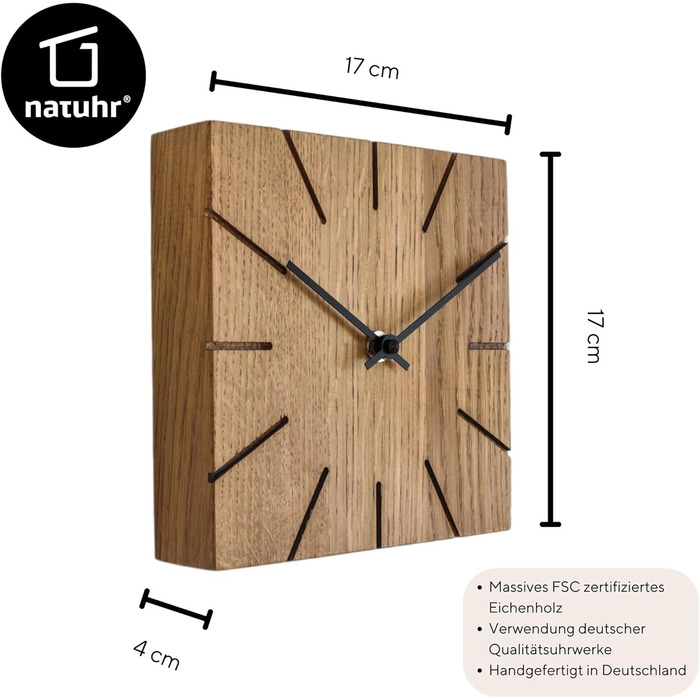 Oak Wall Clock, Table Clock, Desk Clock - Beam - Solid Wood Design 17 x 17 cm (Smoked Oak, Black Hands, Radio Clock Movement)