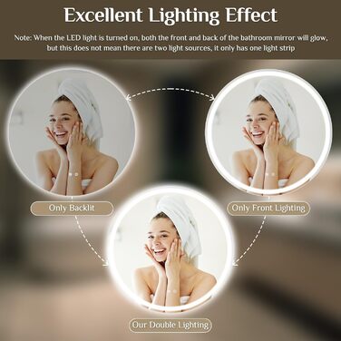 Круглий дзеркало для ванної кімнати Clevich з підсвічуванням, 80 см, сенсорне управління, протитуманне покриття, 3 кольори світла, регулювання яскравості