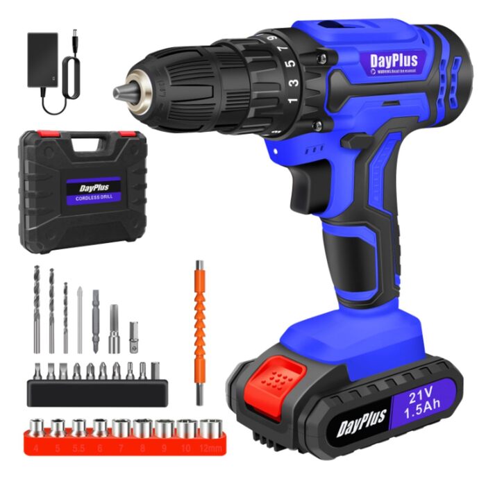 Акумуляторний шуруповерт 21V Set, Білий: шуруповерт з акумулятором 1.5Ah, зарядним пристроєм, 45Nm, 25+1 ступінь, 2 швидкості, LED-ліхтар, 26 предметів для ремонту та DIY