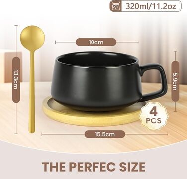 Набір кавових чашок капучино 4 шт. 320 мл, з блюдцем, з кераміки, чорного кольору (Sc Schwarz)