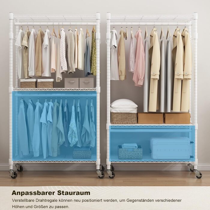 Double Clothes Rack/Garment Rod with Adjustable Shelves, Heavy-Duty Clothes Rack with 2 Hooks, Rolling Clothes Rack, 90 * 42 * 205cm, White (White, 60*42*205cm)