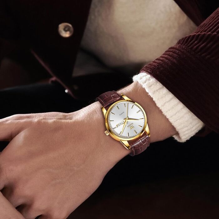 Чоловічий годинник OLEVS з нержавіючої сталі, кварцовий аналоговий годинник, класичний діловий годинник, водостійкий годинник з підсвічуванням, дата, ремінець з натуральної шкіри (білий циферблат/коричневий ремінець)