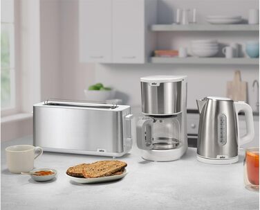 Braun Toaster PurShine HT 1610 WH, 25cm bread slots, 8 browning levels, reheat & defrost function, bread roll attachment, crumb tray, 1030W, White