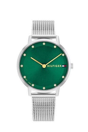 Годинник Tommy Hilfiger для жінок з кварцовим механізмом та сталевим браслетом (ланцюговим або сітчастим), з шкіряним або силіконовим ремінцем (зелений, металевий)