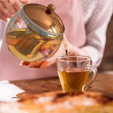 Скляний чайник Teekanne 1,5л з ситом із нержавіючої сталі та кришкою під мідь, заварник із боросилікатного скла для листового чаю