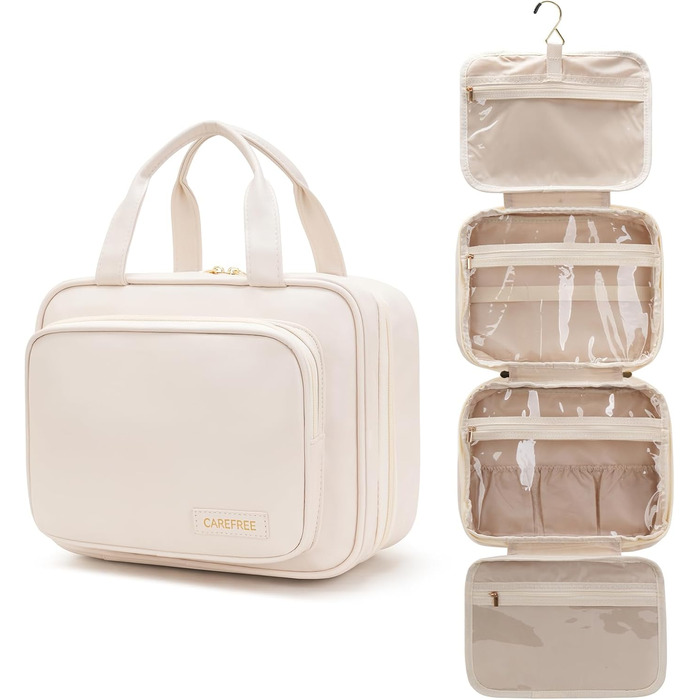 Жіноча/Чоловіча Туалетна Сумка для Подорожей з Металевим Гачком, PU-Шкіра, Велика Ємність, з Прозорим Вікном, Бежева