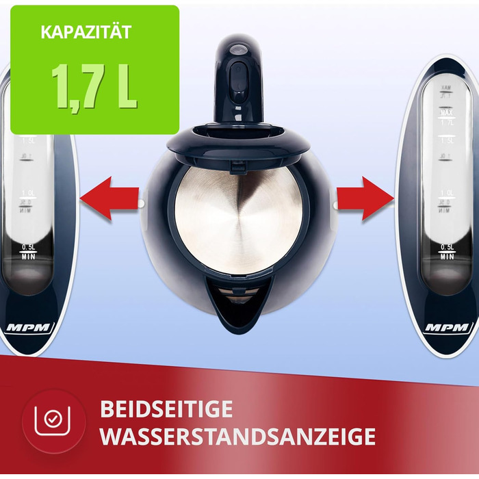 Електричний чайник MPM MCZ-85/G1, 1.7 л, без BPA, бездротовий, 360° обертання, антинакипний фільтр, автоматичне вимкнення, чорний, 2200W, графіт