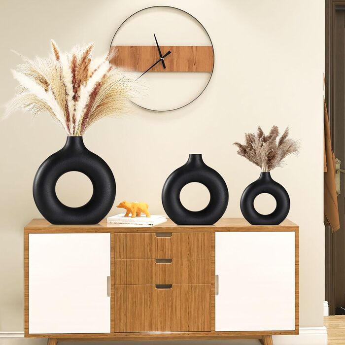 Набір ваз для квітів - 2 шт. з кераміки, білі, для декору будинку, сухоцвітів, Pampas grass, подарунок, малі та середні розміри (чорний)