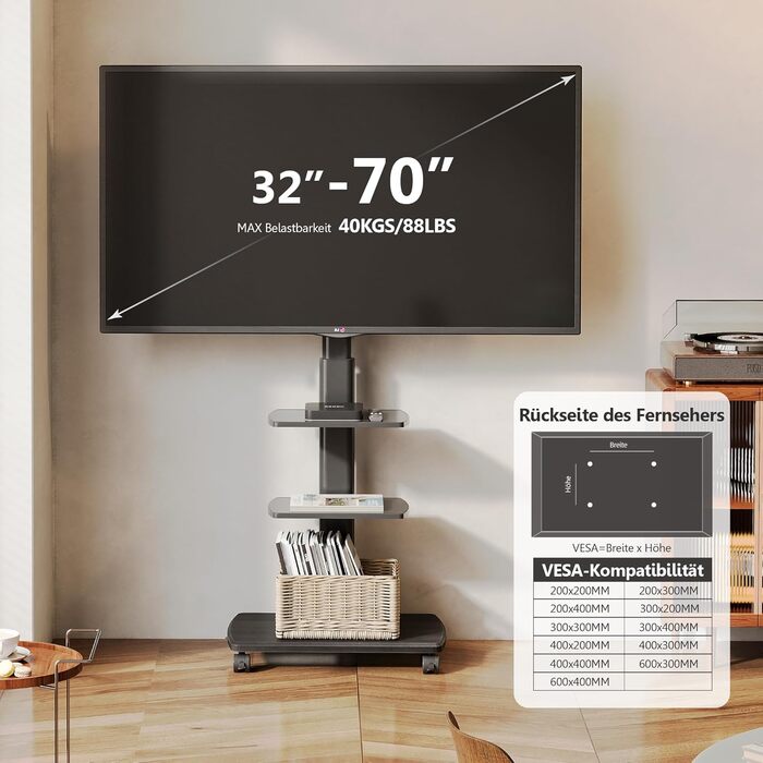 FITUEYES Rolling TV Stand with 3 Shelves - Adjustable Height & Swivel - Fits 32-70 Inch TVs (up to 40kg) - VESA 400x600 - White/Black