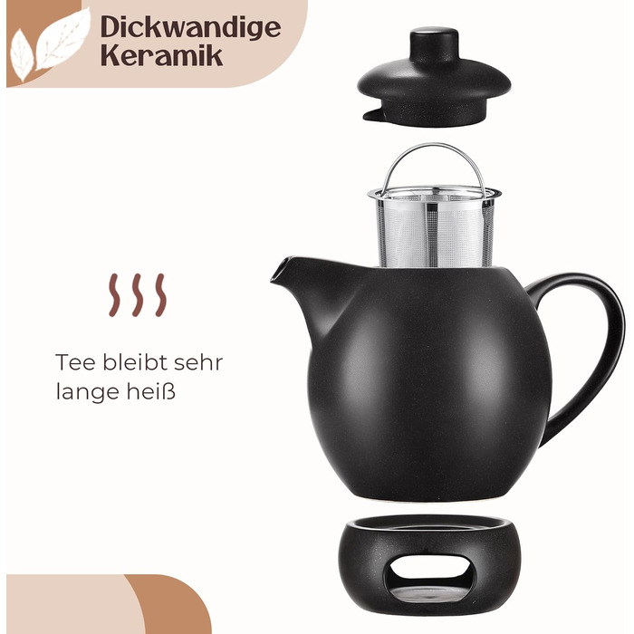 Керамічний чайник для розсипного чаю Teekanne з ситом та підставкою-підігрівачем, 1.2 л, антрацит