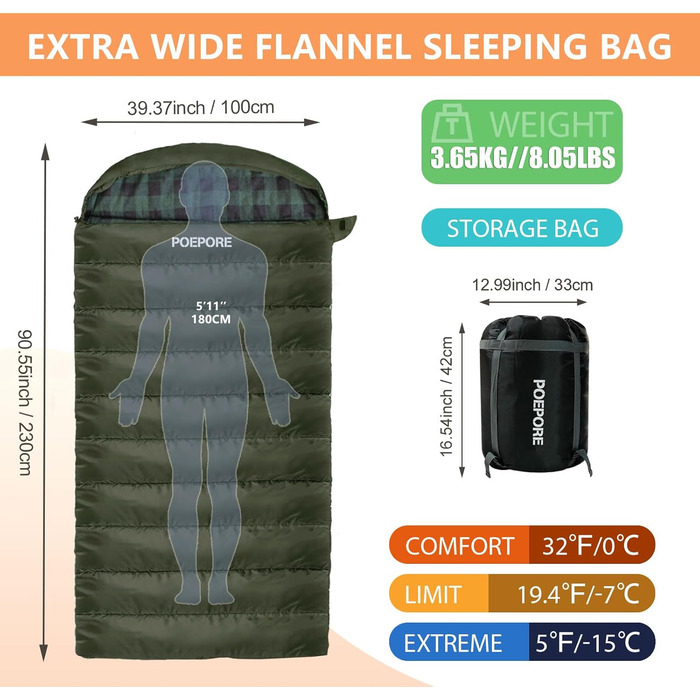 Спальний мішок Poepore Outdoor Winter для дорослих, Extra Wide, 3-4 сезони, XXL, теплий, бавовна, фланель, Deckenschlafsack, для кемпінгу, подорожей, пригод, 230 x 100 см, 0°C (Olive-L-Zip, -6°C)