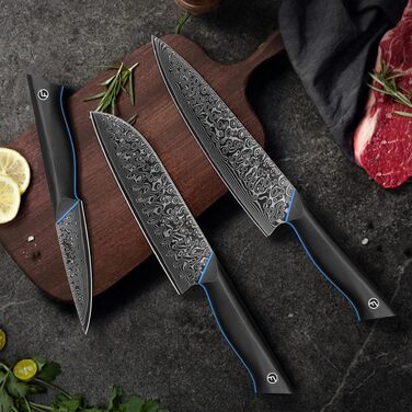 Кухонний ніж FINTISO Zeus 20 см з 67 шарів японської дамаської сталі, Full Tang, з руків'ям G10 (набір ножів, 3 предмети)