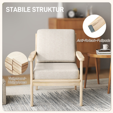 HOMCOM Armchair Lounge Chair with Linen Look, Armrests, Padded Recliner with Wooden Legs, Removable Cushions, Upholstered Chair for Bedroom, Living Room, Beige | Aosom