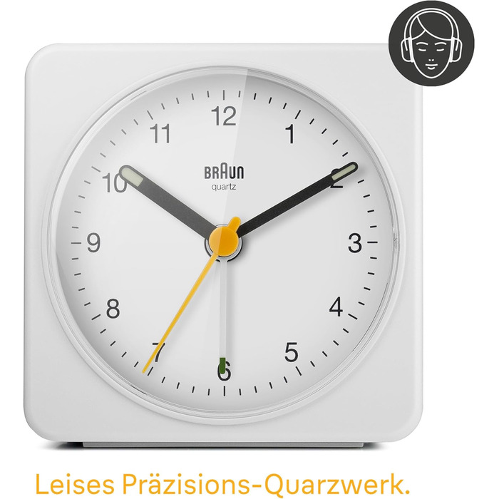 Braun Classic Analog Alarm Clock with Snooze Function and Light, Silent Quartz Movement, Crescendo Alarm, White Model BC03W