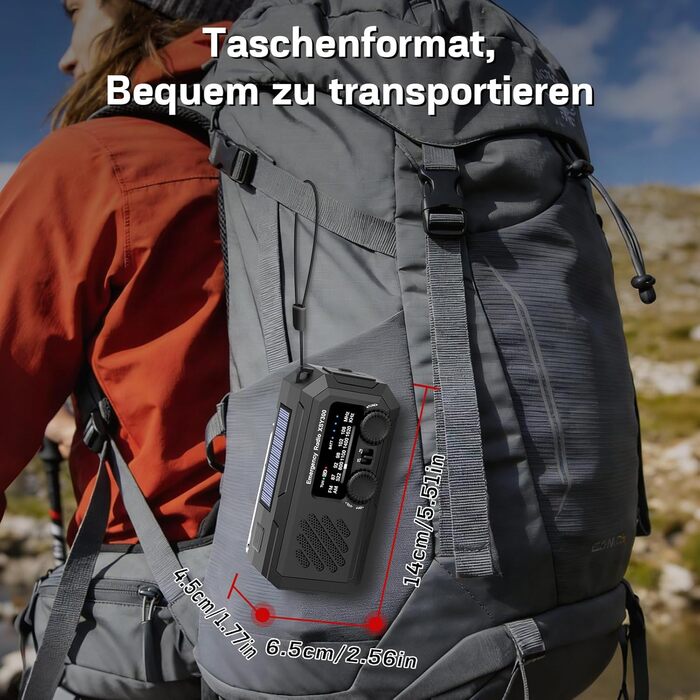 Радіо Milfech сонячне з ручним заводом, AM/FM, 2000mAh, ліхтарик LED, SOS-сигнал, для кемпінгу та надзвичайних ситуацій, чорне