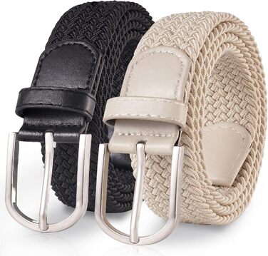 Тканинні ремені Tangchao 2 шт. Плетені еластичні ремені для жінок та чоловіків, 3.3 см, 90-135 см, чорний+бежевий, 100 см