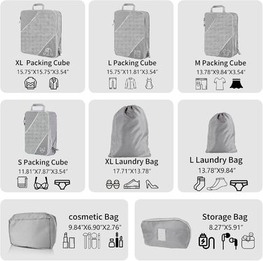 Органайзер для валізи, набір 6 шт. Компресійні кубики для пакування, органайзер для подорожей, сірий (8 шт.)