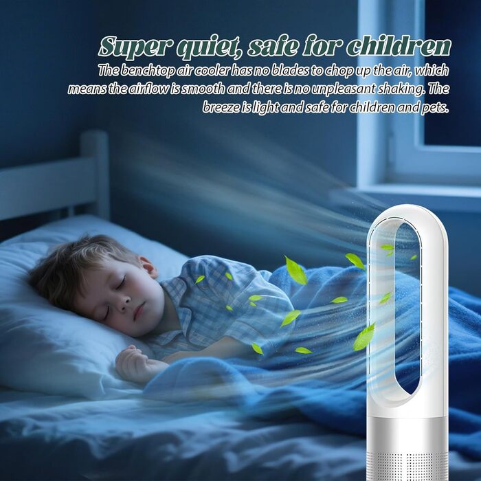 Турбовентилятор без лопатей 56 см, 4000-5600 об/хв, тихий DC мотор, з пультом, осциляція 80°, таймер 8 год (срібний)