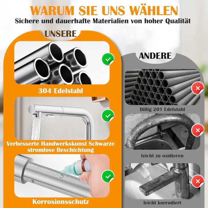 Змішувач кухонний висувний з душем, 360° поворотний, 2 режими розпилення, високий тиск, нержавіюча сталь (срібло)