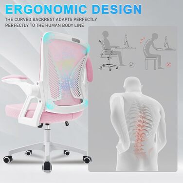 Офісний стіл з регульованими підлокітниками, ергономічний стілець для офісу з сітчастою спинкою, підтримкою попереку, регульованою висотою, м'яким сидінням, поворотний на 360°, (Рожевий)