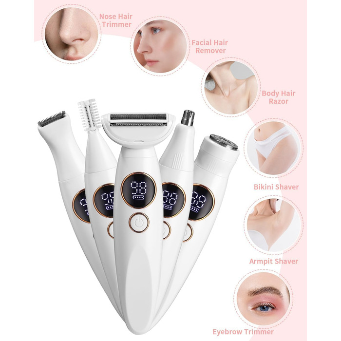 Електричний жіночий тример 5-в-1 для тіла, бікіні, брів та носа. З USB-станцією. Білий