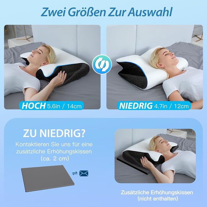 Ергономічна подушка для шиї та голови HOMCA 2 в 1 з ефектом пам'яті (Memory Foam) для всіх позицій сну, 60x40x12/14 см, чорна