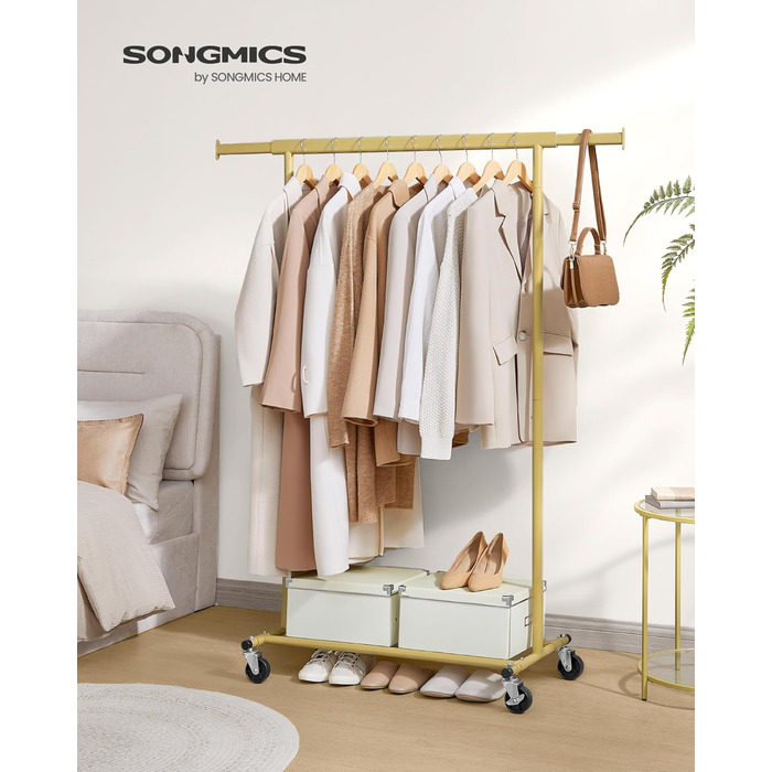 SONGMICS Clothes Rack on Wheels, Heavy-Duty Garment Rack, Extendable Clothes Rod, Load Capacity up to 100 kg, Easy Assembly, Portable, HSR13S (Pale Gold, (92-132) cm Width)
