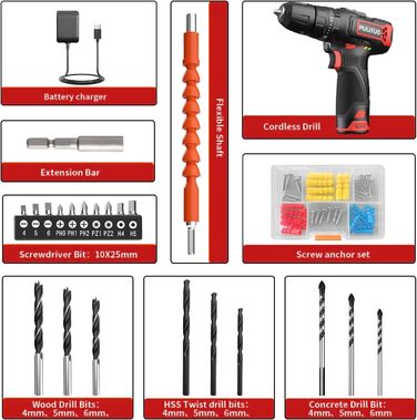 Акумуляторний ударний дриль-шуруповерт PULITUO 12V, комплект, металевий патрон 3/8', 21+1+1 ступенів моменту, LED-ліхтар, 35 Нм, 1300 mAh, бездротовий дриль