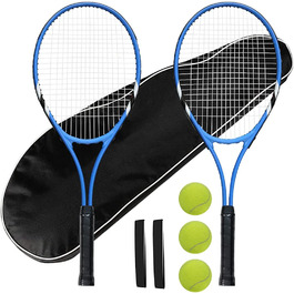Beginner Tennis Racquet Set for 2 Players - Pre-Strung 27 Inch Adult Racquets with Balls, Overgrips & Carry Bag