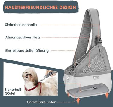 Dog-friendly baby sling/wrap for dogs, hands-free travel bag for small pets with adjustable straps, hardboard base, safety belt, for dogs up to 2.8kg, wider version (L - For pets under 5.5kg), Grey