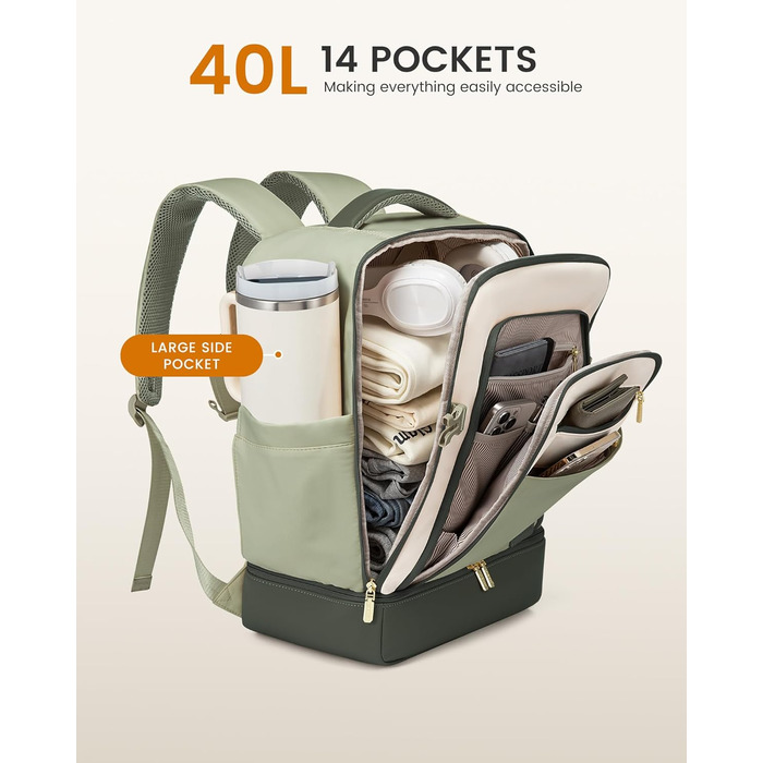 LOVEVOOK Рюкзак для ручної поклажі 40L з окремим відділенням для взуття, жіночий, для подорожей (3 шт.) Бежевий, Зелений